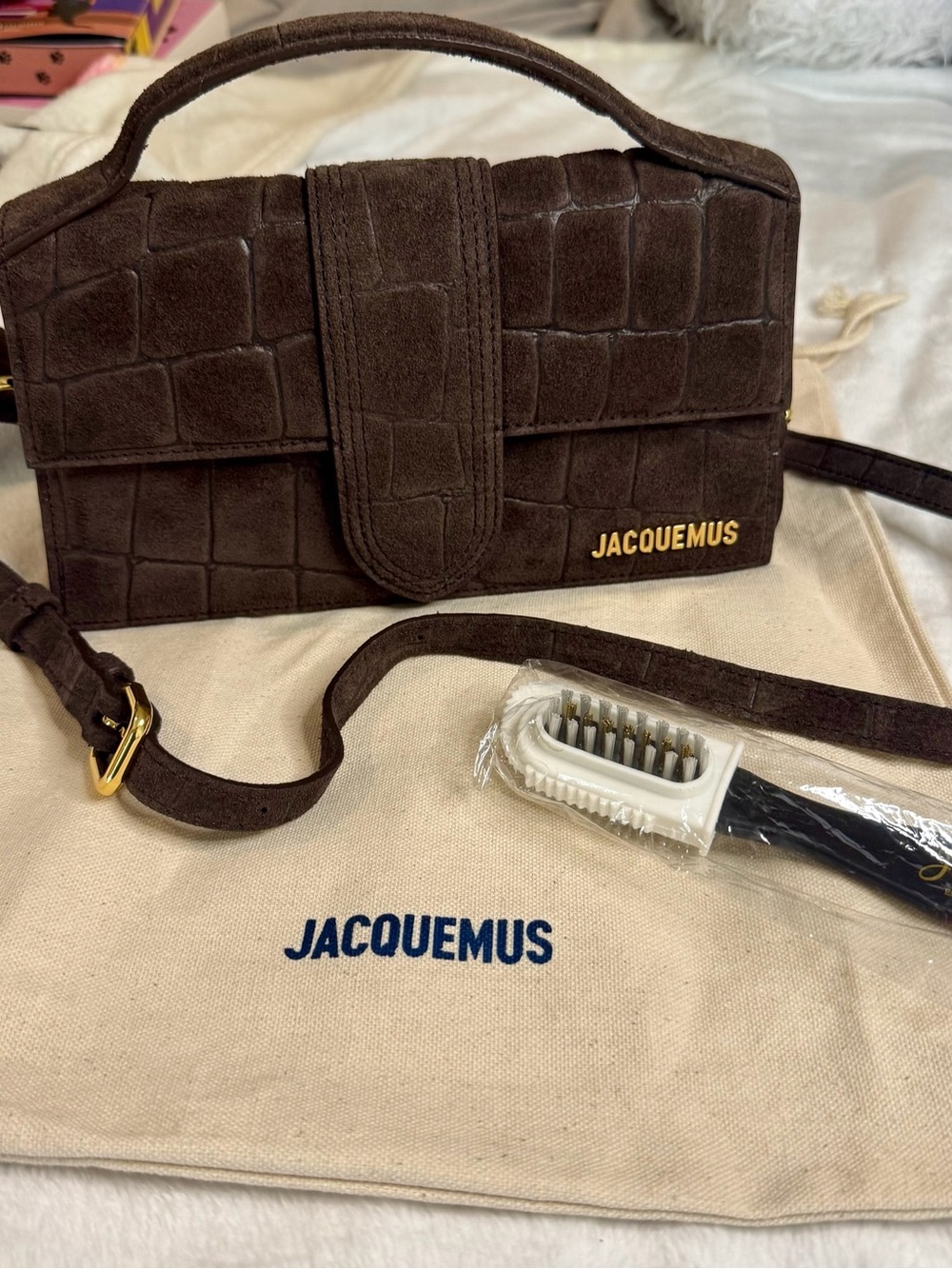 Jacquemus Le Grand Bambino Brown Croc Embossed Suede Crossbody + COA